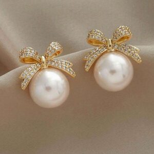 1 Pair Elegant Bow Faux Pearl Rhinestone Stud Earrings Valentines