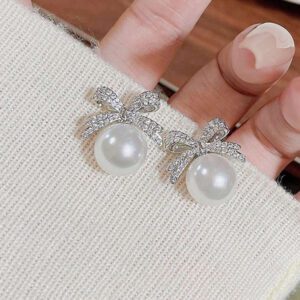 1 Pair Elegant Bow Faux Pearl Rhinestone Stud Earrings Valentines