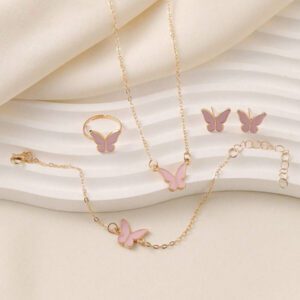 5 Pieces Set Women Fashion Jewelry Accessories - Butterfly Pendant Necklace, Bracelet, Ring, Earrings, Everyday Wear