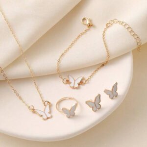 5 Pieces Set Women Fashion Jewelry Accessories - Butterfly Pendant Necklace, Bracelet, Ring, Earrings, Everyday Wear