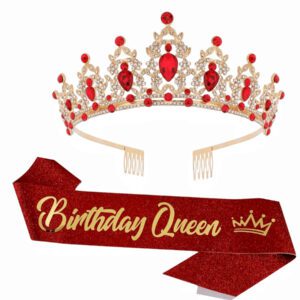 2pcs/Set Crystal Birthday Queen Tiara Crown Ribbon For Women Girls Birthday Queen Headband Sash Elegant Princess Crown With Combs Mom Birthday Hair Accessories Happy Birthday Party Decorations, Back To School Valentine Day