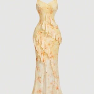 SHEIN MOD Robe d'été rose à encolure en V, avec découpe, volants à l'ourlet, fente haute et imprimé tie-dye