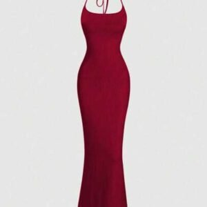 Sweetra Femmes Robe de soirée longue minimaliste en velours noir à encolure ras-du-cou avec lien au cou, robe maxi bordeaux pour femmes