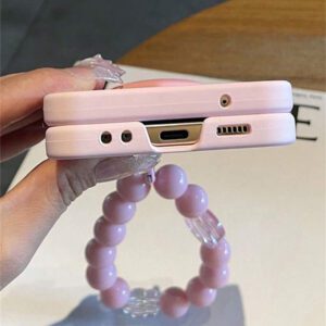 Y2K Stylish Heart Solid Color Folding Phone Case With 3D Cartoon Rabbit Flower Bead Chain Compatible With Samsung Galaxy Z Flip 7 6 5 4 3 Korean Cute Matte PC Hard Back Cover Waterproof Shockproof Anti-Fall Scratch Resistant