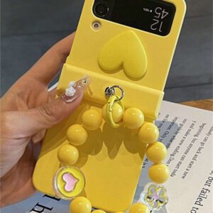 Y2K Stylish Heart Solid Color Folding Phone Case With 3D Cartoon Rabbit Flower Bead Chain Compatible With Samsung Galaxy Z Flip 7 6 5 4 3 Korean Cute Matte PC Hard Back Cover Waterproof Shockproof Anti-Fall Scratch Resistant