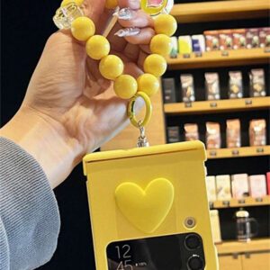 Y2K Stylish Heart Solid Color Folding Phone Case With 3D Cartoon Rabbit Flower Bead Chain Compatible With Samsung Galaxy Z Flip 7 6 5 4 3 Korean Cute Matte PC Hard Back Cover Waterproof Shockproof Anti-Fall Scratch Resistant