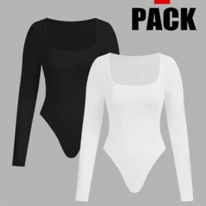SHEIN EZwear 2pcs Women's Square Neck Long Sleeve Bodysuit Set