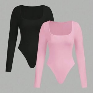 SHEIN EZwear 2pcs Women's Square Neck Long Sleeve Bodysuit Set