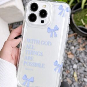 1pc Minimalist Pink Girl Bowknot Religious Slogan Design Airbag Anti-Slip Soft Phone Case Compatible With IPhone11/12/13/14/15/16 Pro Max Waterproof Shockproof Anti-Fall Scratch Resistant
