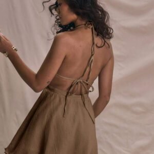 MUSERA Robe mini sans manches en lin avec encolure en V, col ras-du-cou et taille cintrée. Idéale pour l'été, les vacances, Ibiza, le style bohème, les sorties de pays occidental, les sorties du soir, les rendez-vous, les anniversaires