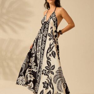 CAJUNI Robe d'été décontractée de plage pour femmes, style vacances tropicales boho, avec imprimé de fleurs et de palmiers, à fines bretelles, avec laçage