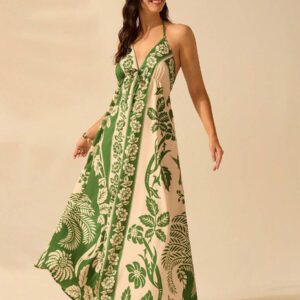 CAJUNI Robe d'été décontractée de plage pour femmes, style vacances tropicales boho, avec imprimé de fleurs et de palmiers, à fines bretelles, avec laçage