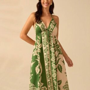 CAJUNI Robe d'été décontractée de plage pour femmes, style vacances tropicales boho, avec imprimé de fleurs et de palmiers, à fines bretelles, avec laçage