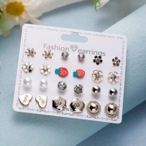 Ensemble De 12 Paires De Boucles D'oreilles Avec Fausses Perles Et cœurs De Fraises, Boucles D'oreilles Dorées Simples Pour Les Filles, Ensemble De Boucles D'oreilles Quotidiennes