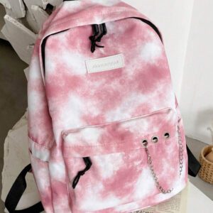 Sac à dos tie-dye polyvalent avec grande capacité, décoration de chaîne et poches multiples, convient pour l'école, le campus, les voyages et les vacances