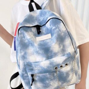 Sac à dos tie-dye polyvalent avec grande capacité, décoration de chaîne et poches multiples, convient pour l'école, le campus, les voyages et les vacances
