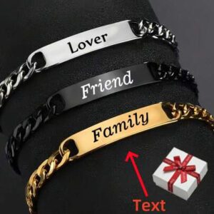 [Bracelet personnalisé] Bracelet classique rétro en acier inoxydable avec chaîne et forme arquée, bracelet gravé de nom personnalisable, bracelet réglable avec nom personnalisé, bijoux de mariage, anniversaire, cadeau de la Saint-Valentin (Pour lui), cadeau idéal (Pour elle, petit ami, petite amie, papa, famille, amis, fils, maman, fille, grands-parents), convient pour l'anniversaire, le mariage, le port quotidien, la cérémonie de remise des diplômes, le bal, la fête.