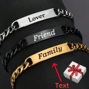 [Bracelet personnalisé] Bracelet classique rétro en acier inoxydable avec chaîne et forme arquée, bracelet gravé de nom personnalisable, bracelet réglable avec nom personnalisé, bijoux de mariage, anniversaire, cadeau de la Saint-Valentin (Pour lui), cadeau idéal (Pour elle, petit ami, petite amie, papa, famille, amis, fils, maman, fille, grands-parents), convient pour l'anniversaire, le mariage, le port quotidien, la cérémonie de remise des diplômes, le bal, la fête.