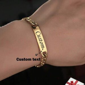 [Bracelet personnalisé] Bracelet classique rétro en acier inoxydable avec chaîne et forme arquée, bracelet gravé de nom personnalisable, bracelet réglable avec nom personnalisé, bijoux de mariage, anniversaire, cadeau de la Saint-Valentin (Pour lui), cadeau idéal (Pour elle, petit ami, petite amie, papa, famille, amis, fils, maman, fille, grands-parents), convient pour l'anniversaire, le mariage, le port quotidien, la cérémonie de remise des diplômes, le bal, la fête.