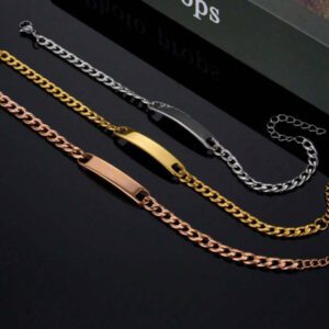 [Bracelet personnalisé] Bracelet classique rétro en acier inoxydable avec chaîne et forme arquée, bracelet gravé de nom personnalisable, bracelet réglable avec nom personnalisé, bijoux de mariage, anniversaire, cadeau de la Saint-Valentin (Pour lui), cadeau idéal (Pour elle, petit ami, petite amie, papa, famille, amis, fils, maman, fille, grands-parents), convient pour l'anniversaire, le mariage, le port quotidien, la cérémonie de remise des diplômes, le bal, la fête.