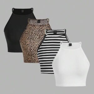 SHEIN EZwear 4 pièces Hauts camisoles pour femmes, imprimé léopard, rayures bleues, bleu clair unicolore, noir. Décontractés et ajustés, conviennent pour l'été