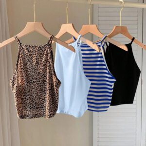 SHEIN EZwear 4 pièces Hauts camisoles pour femmes, imprimé léopard, rayures bleues, bleu clair unicolore, noir. Décontractés et ajustés, conviennent pour l'été