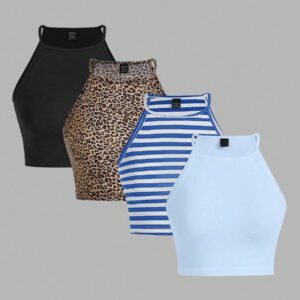 SHEIN EZwear 4 pièces Hauts camisoles pour femmes, imprimé léopard, rayures bleues, bleu clair unicolore, noir. Décontractés et ajustés, conviennent pour l'été