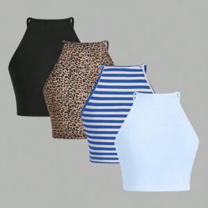 SHEIN EZwear 4 pièces Hauts camisoles pour femmes, imprimé léopard, rayures bleues, bleu clair unicolore, noir. Décontractés et ajustés, conviennent pour l'été