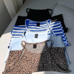 SHEIN EZwear 4 pièces Hauts camisoles pour femmes, imprimé léopard, rayures bleues, bleu clair unicolore, noir. Décontractés et ajustés, conviennent pour l'été