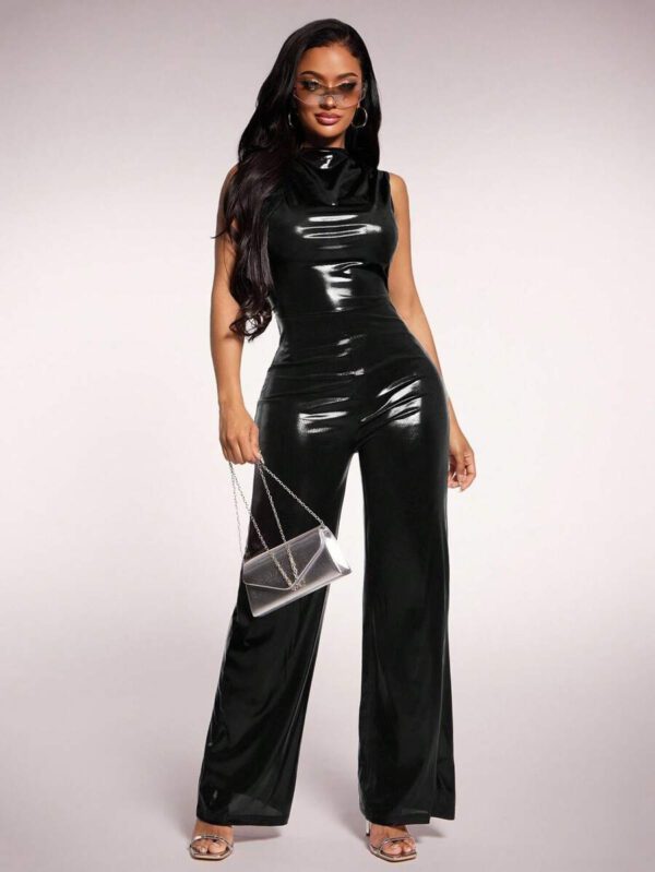 Radiana Combinaison femme sexy et décontractée, minimaliste, en tissu noir métallique brillant, sans manches, col montant, avec pantalon évasé. Convient pour le port quotidien, les rassemblements, les clubs, les fêtes – Image 4