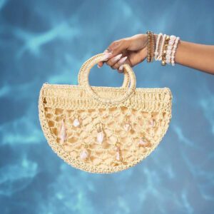 ROMWE Fairycore Sac à main de plage en paille ajouré à la mode avec coquillage, style DIY, aléatoire