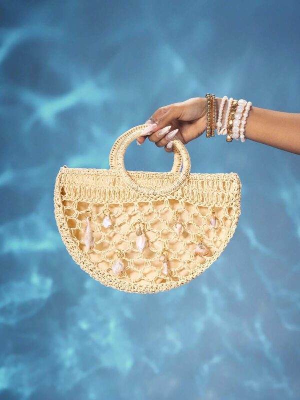 ROMWE Fairycore Sac à main de plage en paille ajouré à la mode avec coquillage, style DIY, aléatoire – Image 5