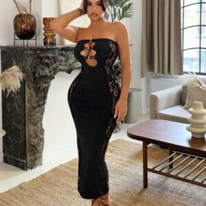 SHEIN SXY Robe de soirée midi bustier en dentelle avec patchwork et découpe, ajustée au corps