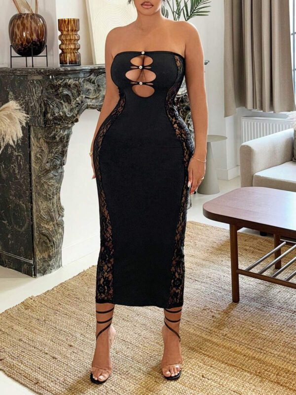 SHEIN SXY Robe de soirée midi bustier en dentelle avec patchwork et découpe, ajustée au corps – Image 5