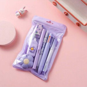 Ensemble de papeterie de dessin animé d'apprentissage. Ensemble mignon de crayon, gomme, ruban correcteur, stylo bille. Fournitures scolaires et de bureau. Cadeau de papeterie pour la rentrée scolaire.