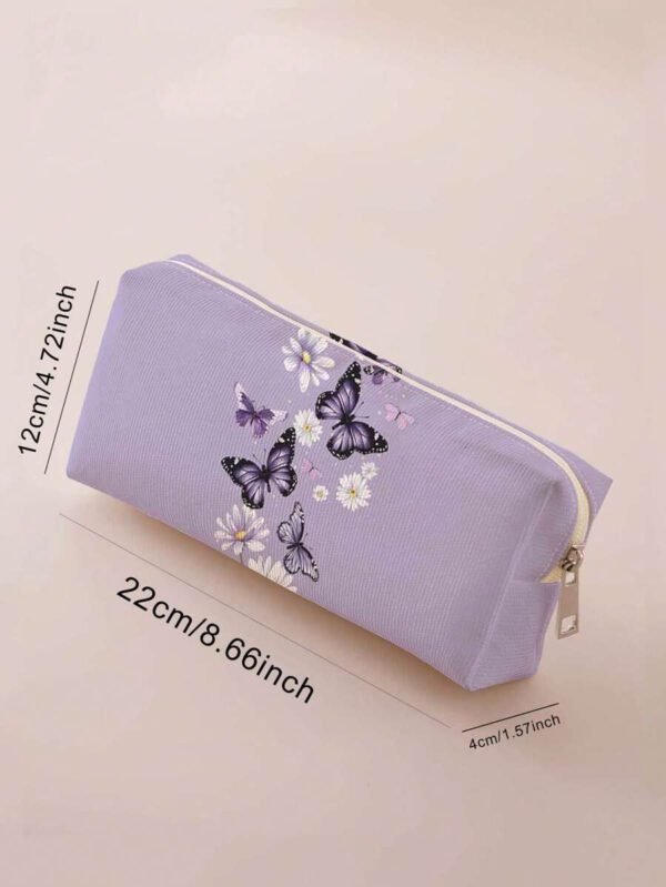 1 pièce Trousse à crayons en velours côtelé imprimée de papillons et de fleurs, sac de rangement pour articles de papeterie, pochette de papeterie imprimée recto-verso, trousse à crayons multifonction portable pour le bureau, cadeau idéal pour les étudiants, les amis, la Aïd al-Adha, les vacances, la trousse à crayons, le sac d'école, les fournitures scolaires, la rentrée scolaire – Image 4