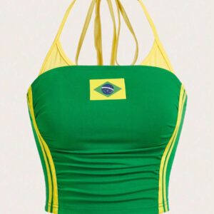 SHEIN ICON Débardeur de sport sans dos avec lien à la taille pour femmes, style Y2K, mode, rayures et impression bicolore
