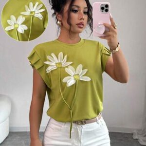 Elenzga T-shirt d'été et d'automne pour femmes avec fleurs 3D contrastées mignonnes