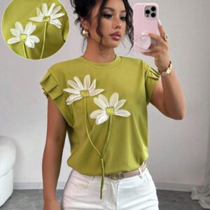 Elenzga T-shirt d'été et d'automne pour femmes avec fleurs 3D contrastées mignonnes