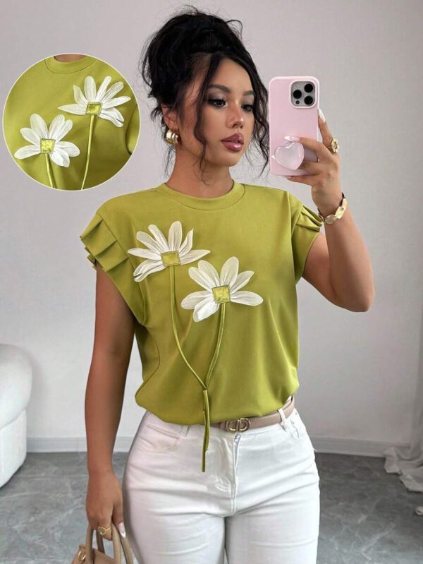 Elenzga T-shirt d'été et d'automne pour femmes avec fleurs 3D contrastées mignonnes – Image 2