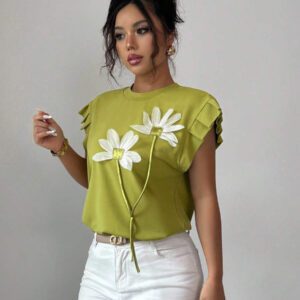 Elenzga T-shirt d'été et d'automne pour femmes avec fleurs 3D contrastées mignonnes
