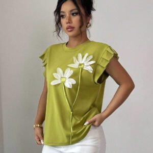 Elenzga T-shirt d'été et d'automne pour femmes avec fleurs 3D contrastées mignonnes