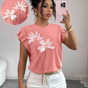Elenzga T-shirt d'été et d'automne pour femmes avec fleurs 3D contrastées mignonnes