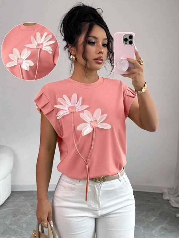 Elenzga T-shirt d'été et d'automne pour femmes avec fleurs 3D contrastées mignonnes – Image 8