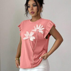 Elenzga T-shirt d'été et d'automne pour femmes avec fleurs 3D contrastées mignonnes