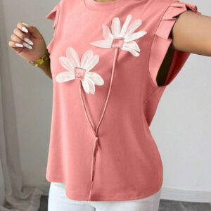 Elenzga T-shirt d'été et d'automne pour femmes avec fleurs 3D contrastées mignonnes