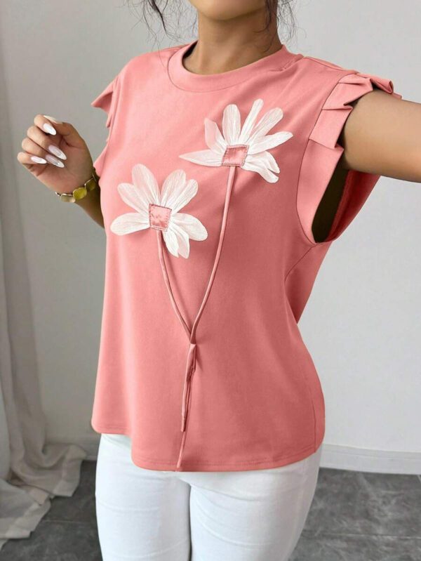 Elenzga T-shirt d'été et d'automne pour femmes avec fleurs 3D contrastées mignonnes – Image 12