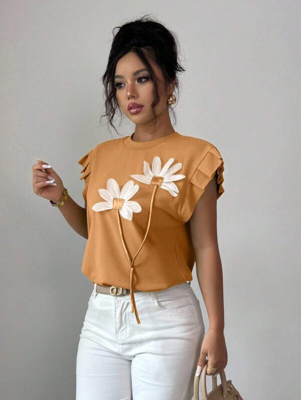 Elenzga T-shirt d'été et d'automne pour femmes avec fleurs 3D contrastées mignonnes – Image 16