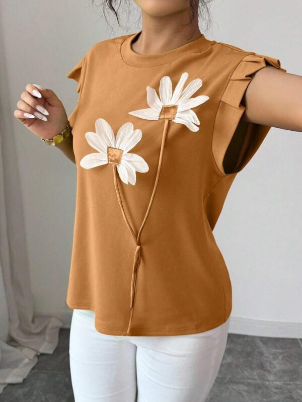 Elenzga T-shirt d'été et d'automne pour femmes avec fleurs 3D contrastées mignonnes – Image 17