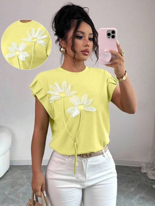 Elenzga T-shirt d'été et d'automne pour femmes avec fleurs 3D contrastées mignonnes – Image 19